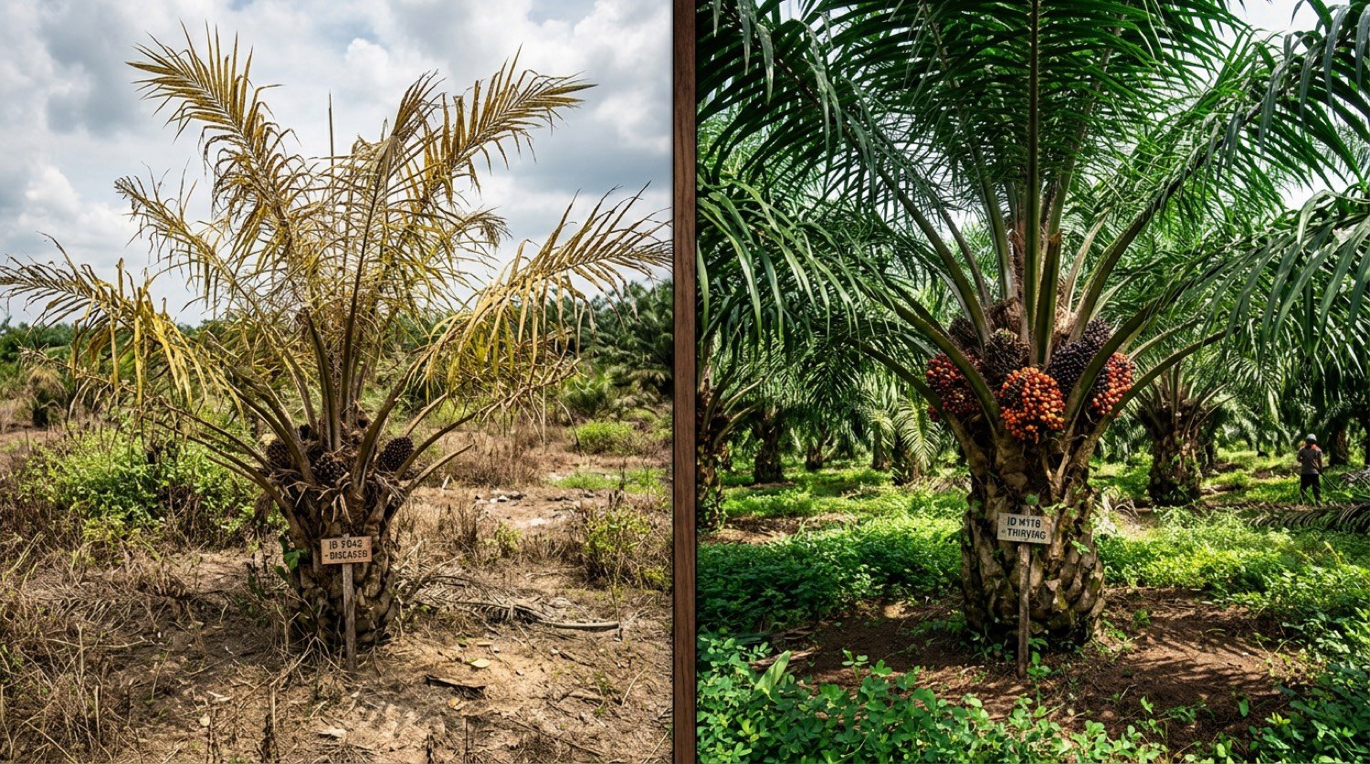 Demonstration plot comparison: declining untreated oil palm beside a thriving palm on a BPI nutrition programme