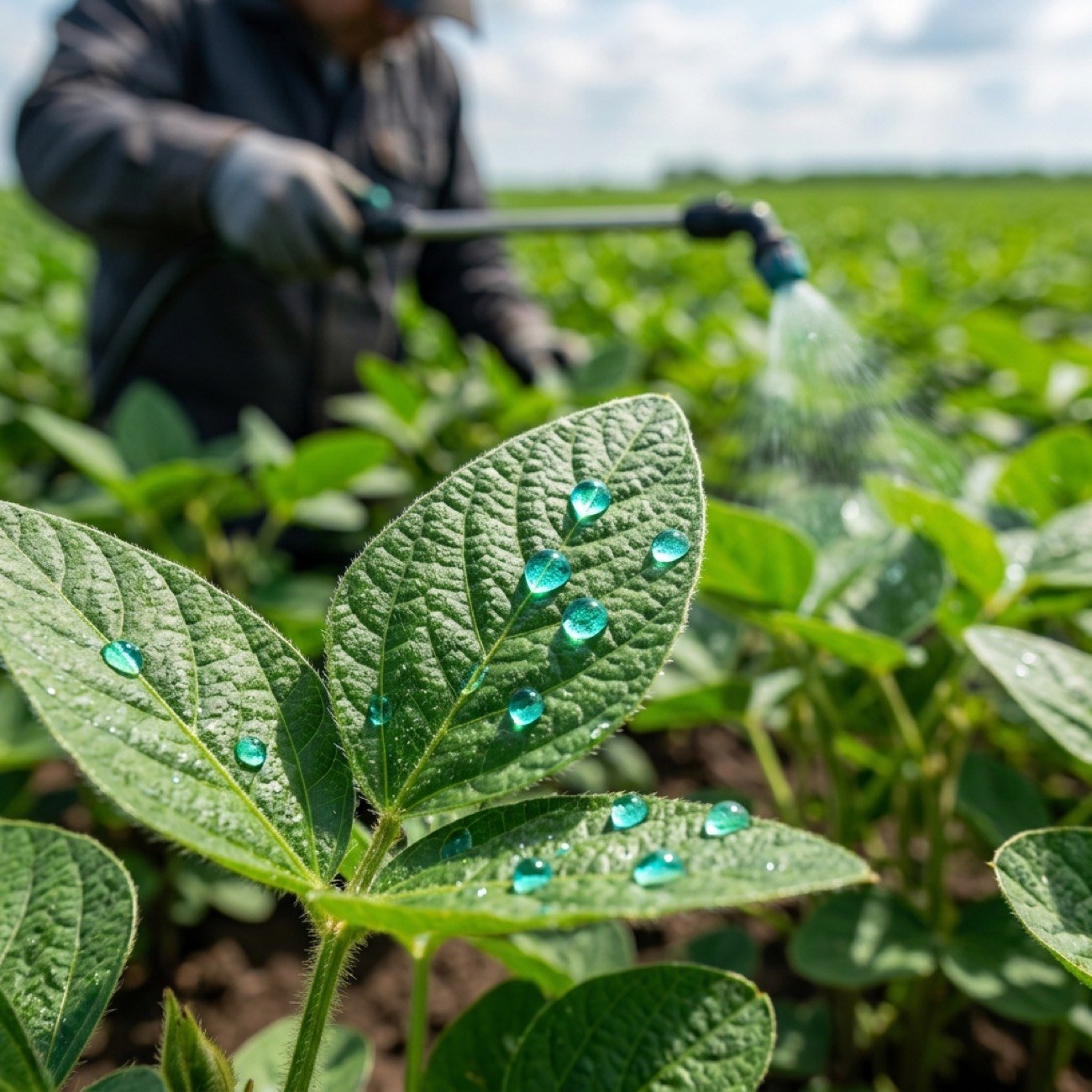 Nano-formulated nutrient droplets beading on a young leaf