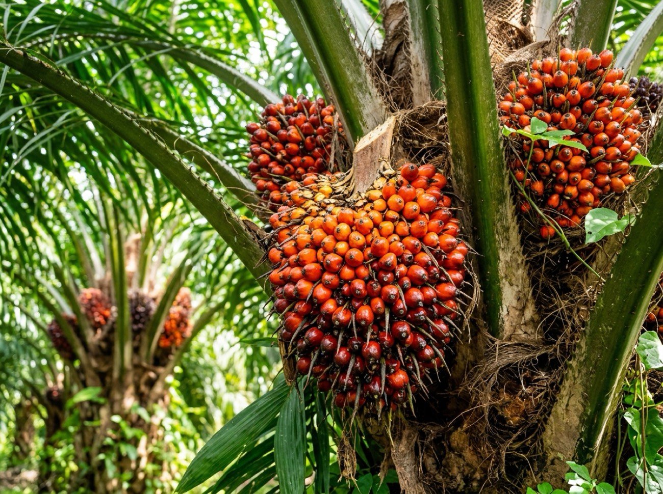 Heavy fresh fruit bunch set on a mature oil palm in Riau