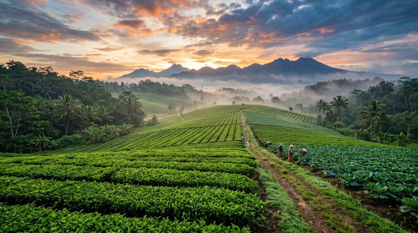 Morning mist over Indonesian highland farmland tended by BPI partner growers