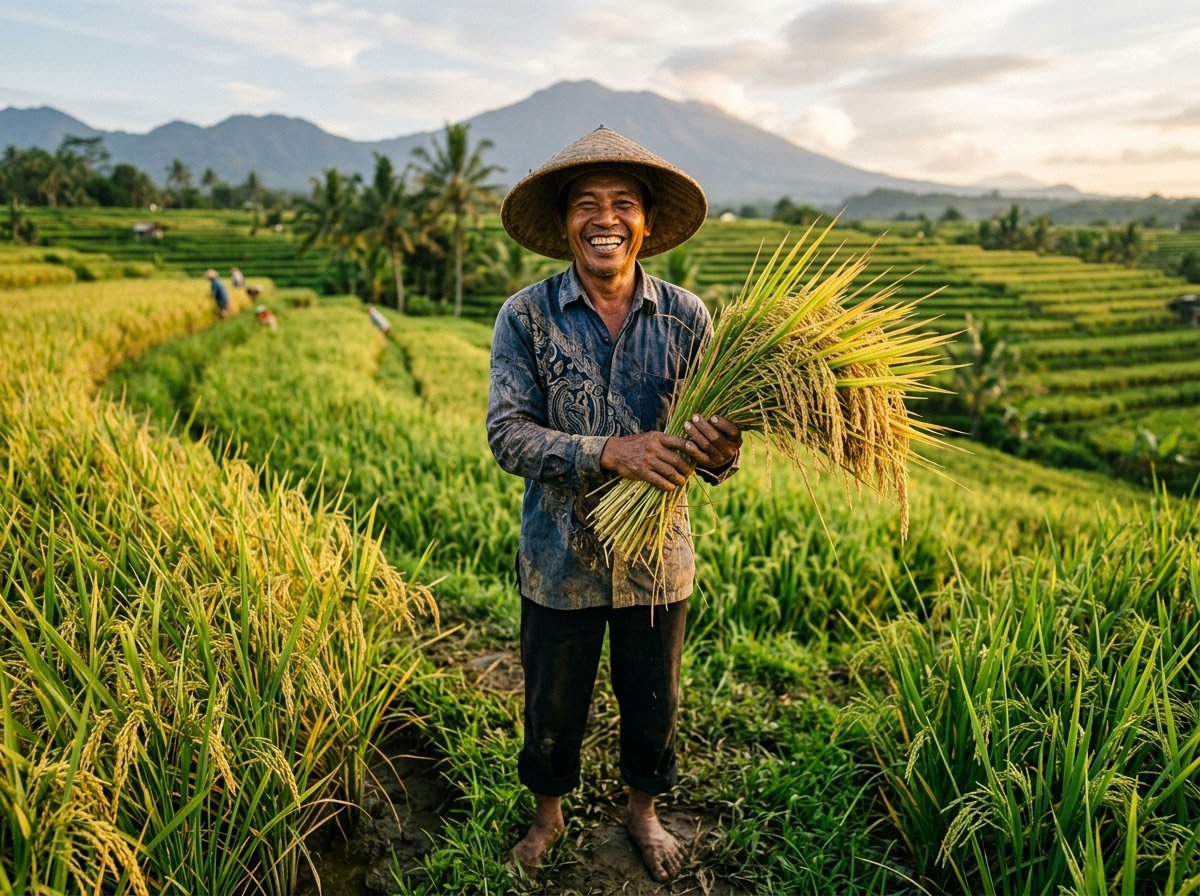 Partner farmer with a full harvest of ripe paddy in Banyuwangi, East Java